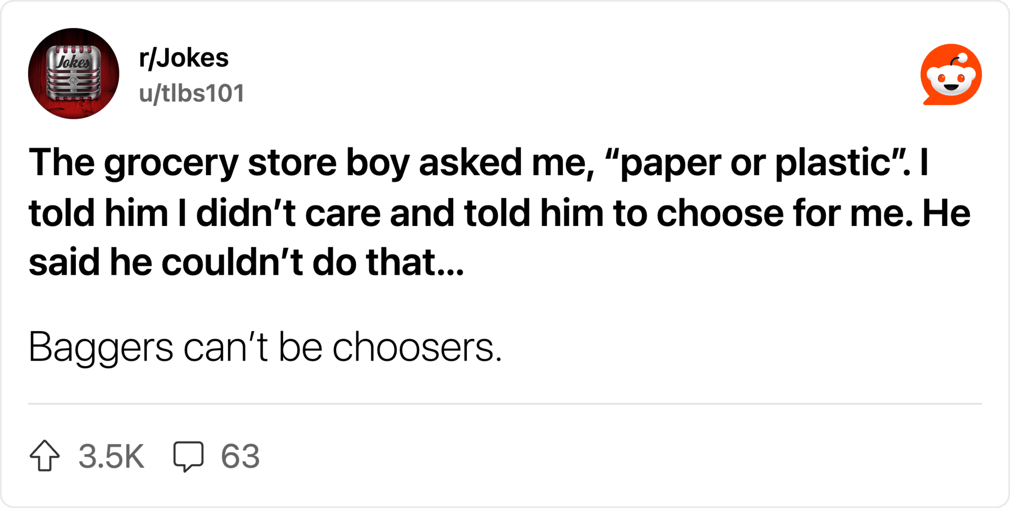 A humorous joke about a boy asking for paper or plastic at the grocery store.