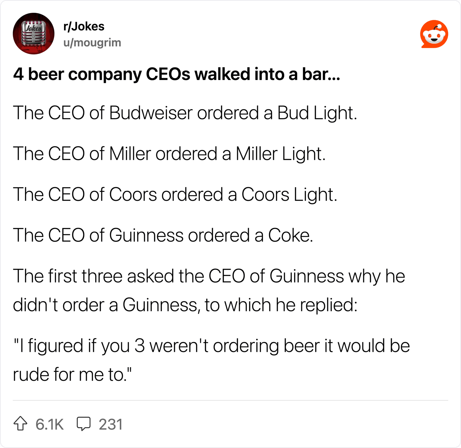 4 beer company CEOs walked into a bar, joke about ordering drinks, and a humorous exchange about Gui.