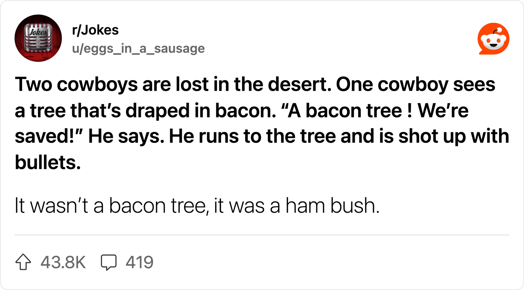 Two cowboys in the desert with a bacon tree, joke about a bacon tree being saved.