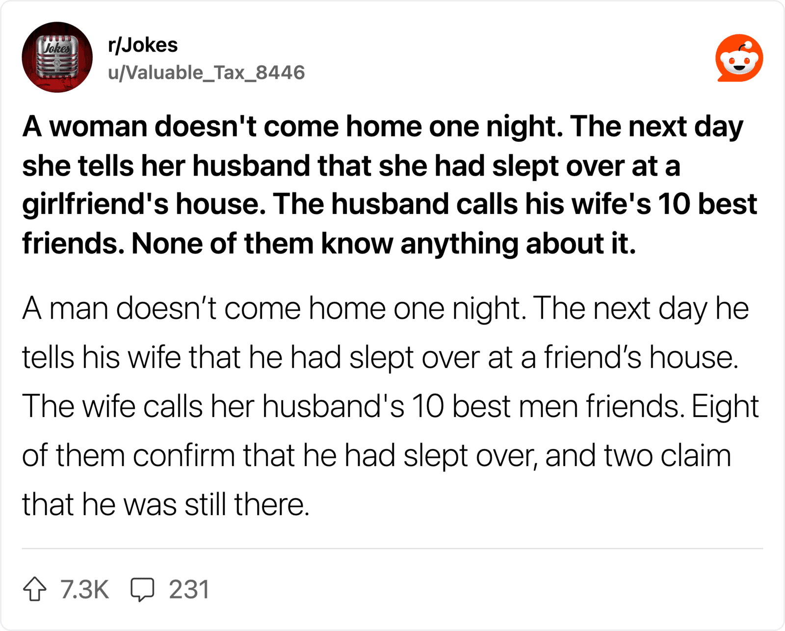 A woman doesn't come home one night, the next day she tells her husband she slept over at a girlfrie.