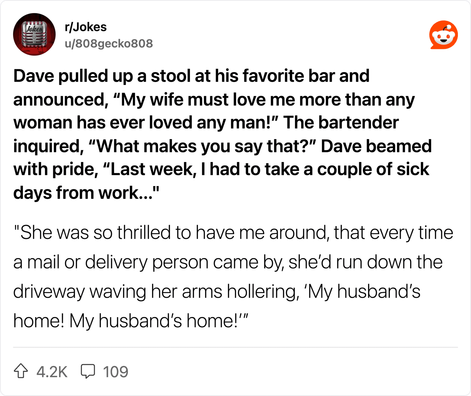 A stool at a bar with a man holding it up, sharing a joke about his wife loving him more than any wo.