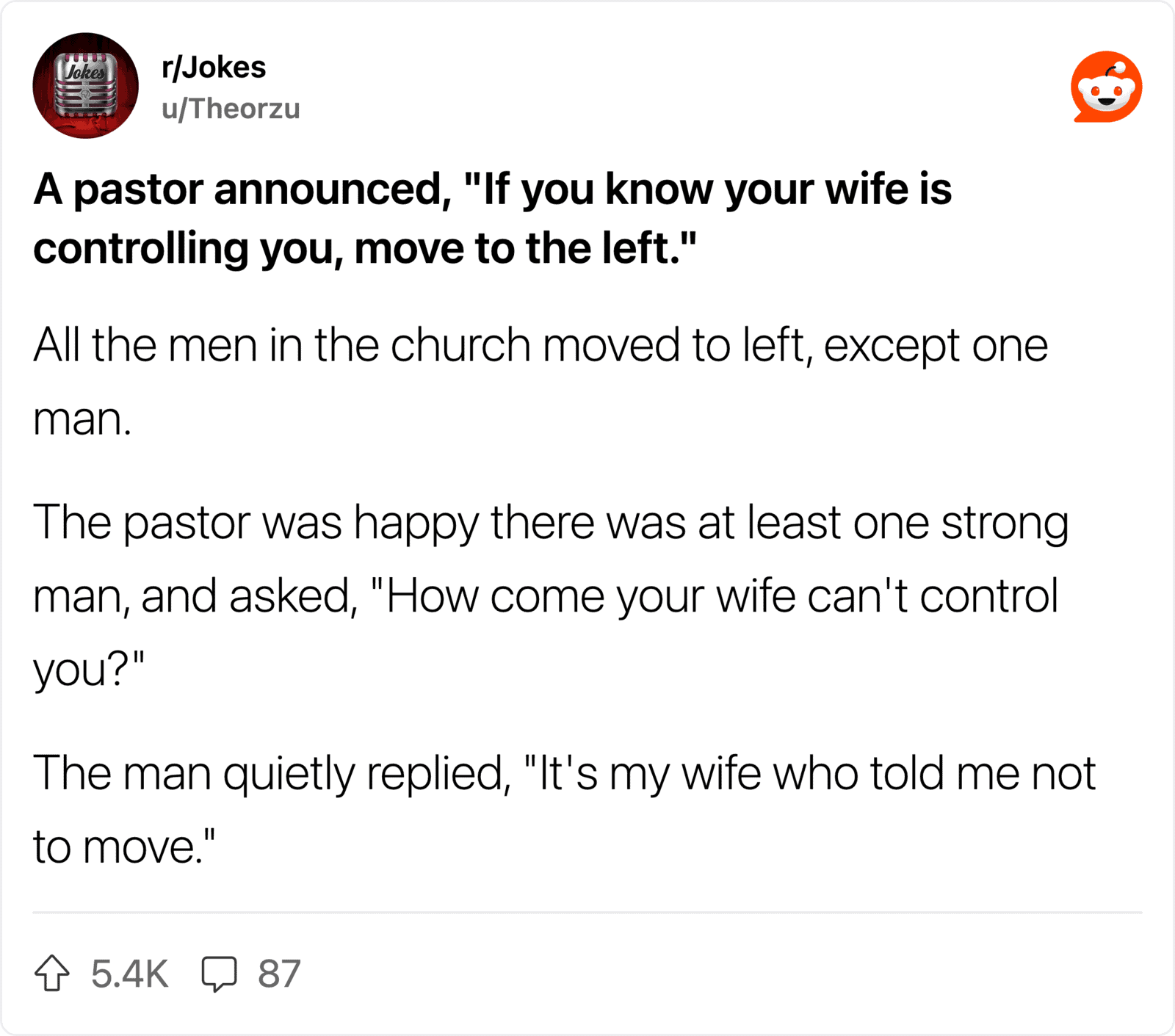 A pastor joke about wife controlling husband, church, and man moving left.
