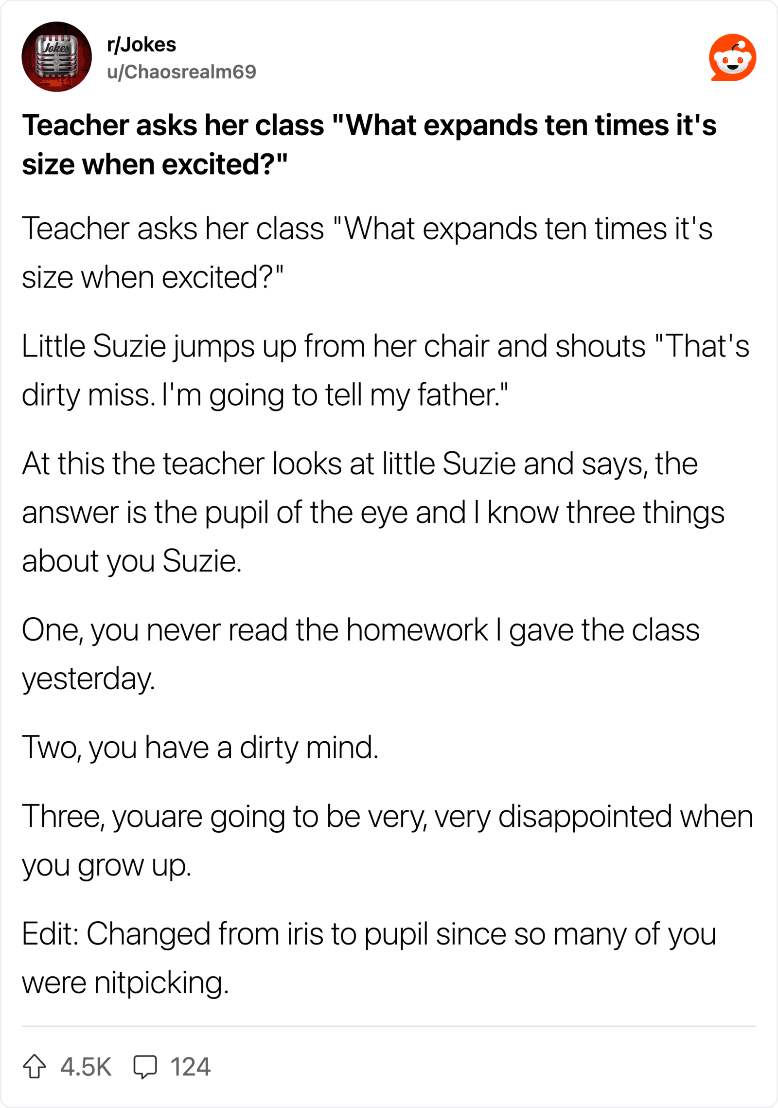 Teacher asks her class "What expands ten times it's size when excited?".