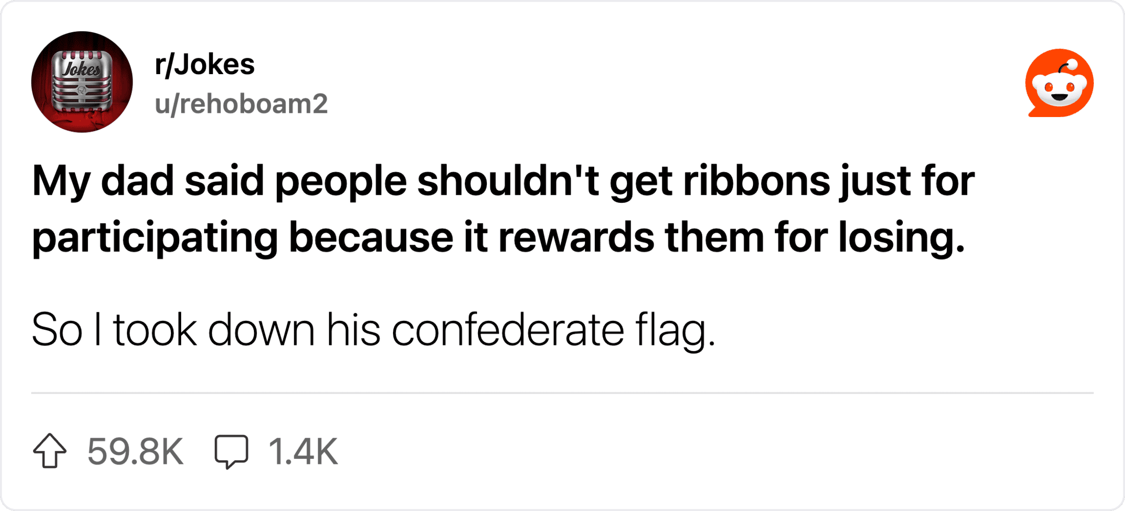 Ribbons are rewards for participation, dad's confederate flag is taken down.