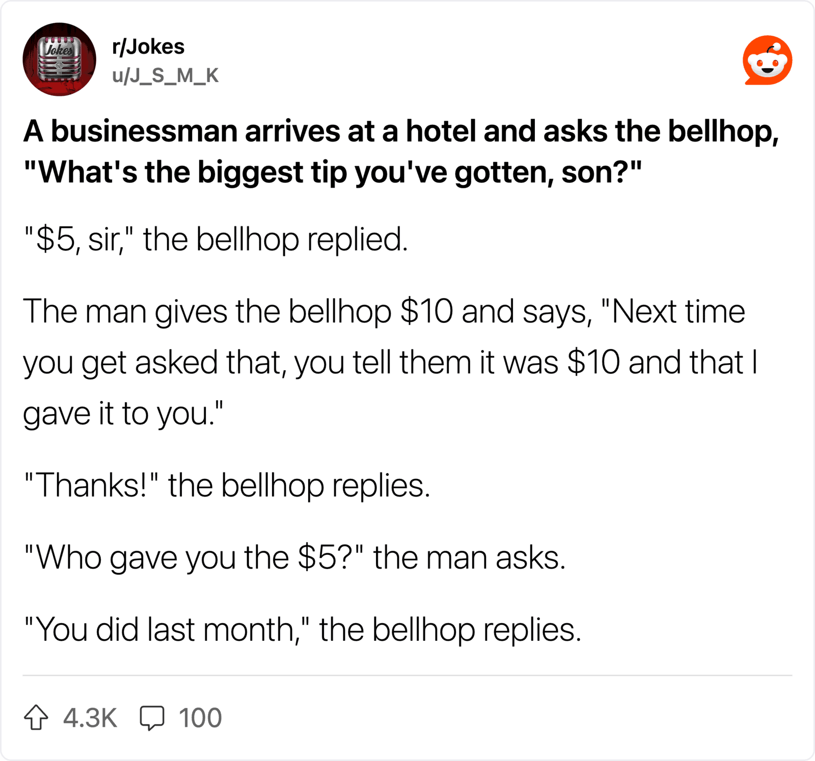 Businessman asks bellhop about the biggest tip he received at a hotel.