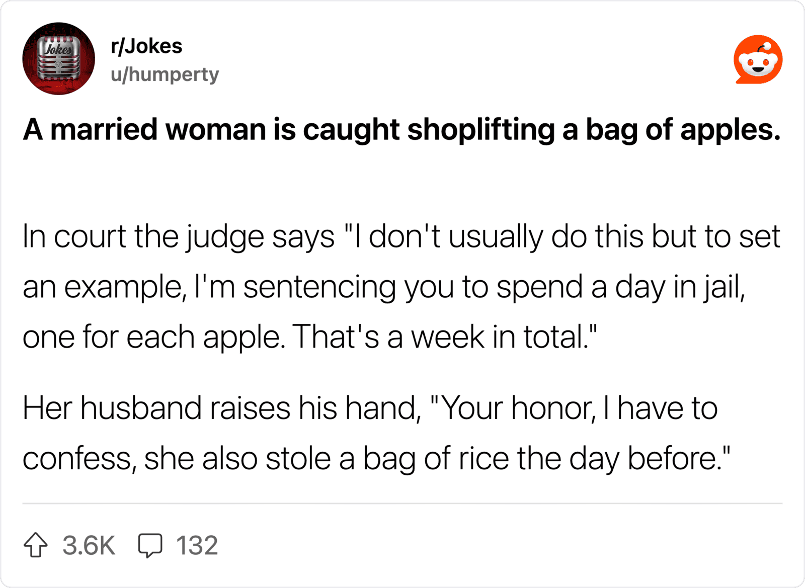 A married woman caught shoplifting a bag of apples.