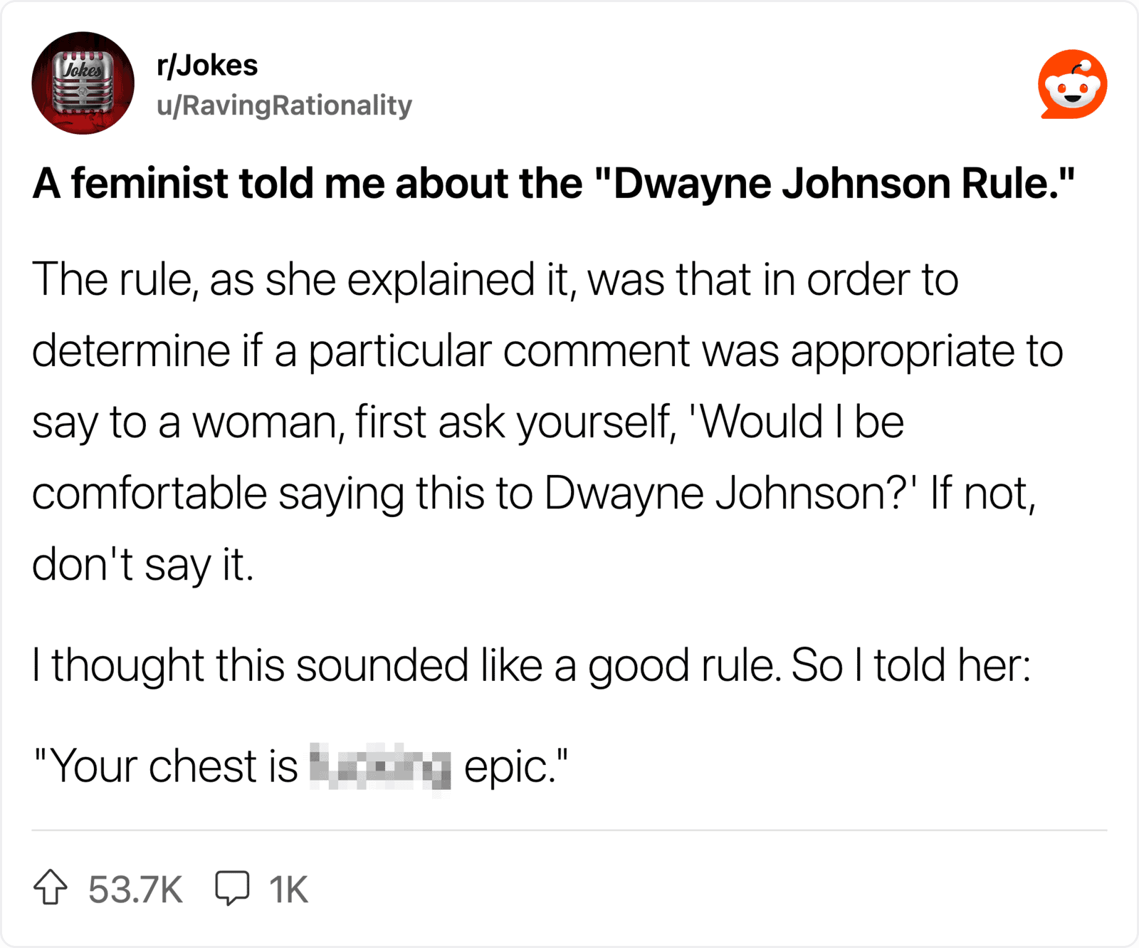 A feminist told me about the "Dwayne Johnson Rule.".
