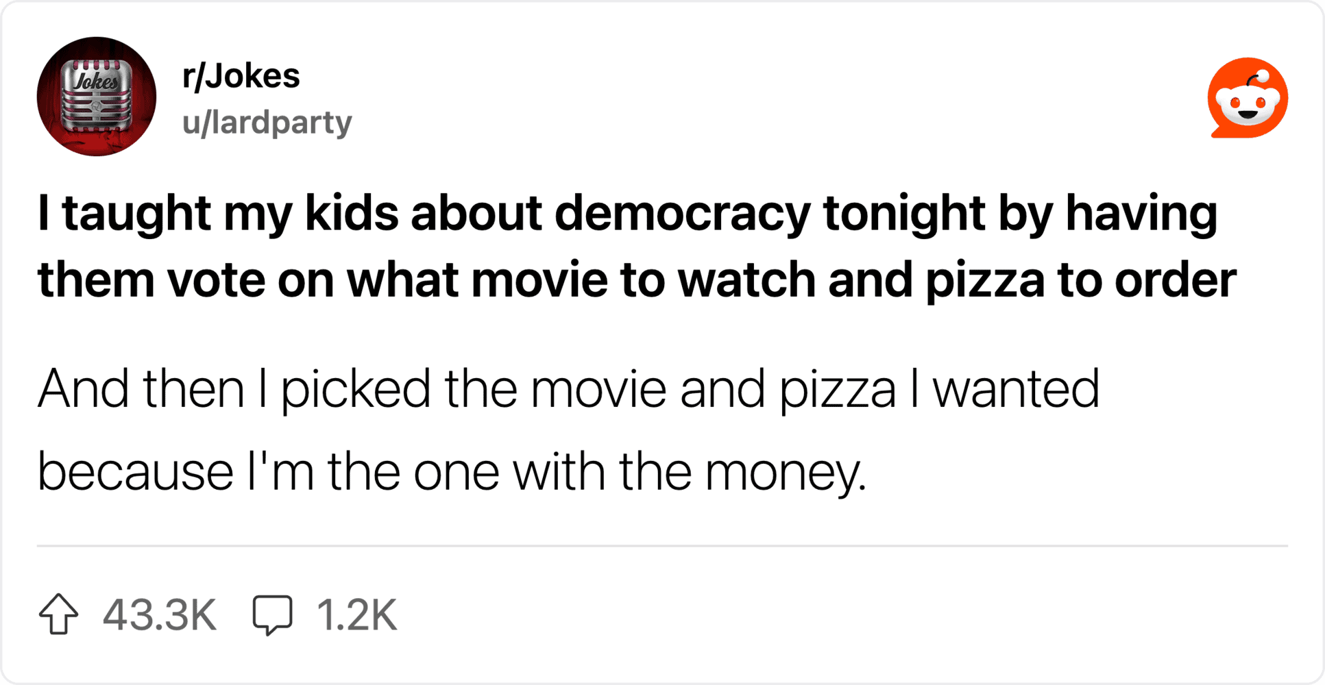 Teaching kids about democracy with movie votes and pizza to order, emphasizing money.