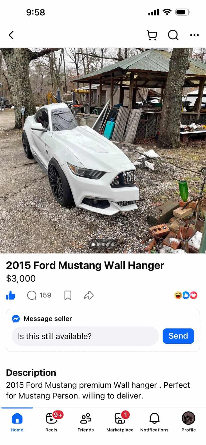 2015 Ford Mustang Wall Hanger for sale at $3,000, white car with black wheels in yard.