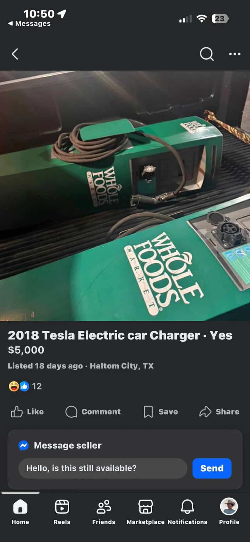 2018 Tesla Electric Car Charger on green box, $5,000, listed in Haltom City, TX.