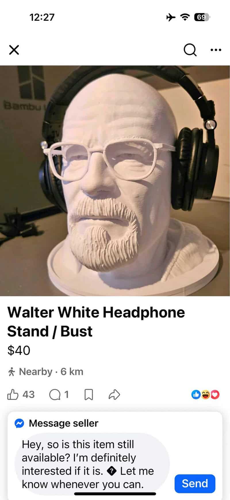 White bust of Walter White wearing headphones and glasses, with a beard.