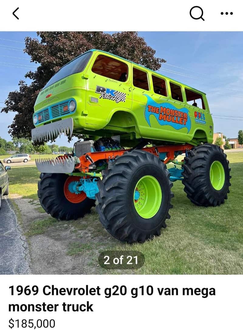 Colorful monster truck with a green van body and large tires, labeled 'The Monster Mullet'.