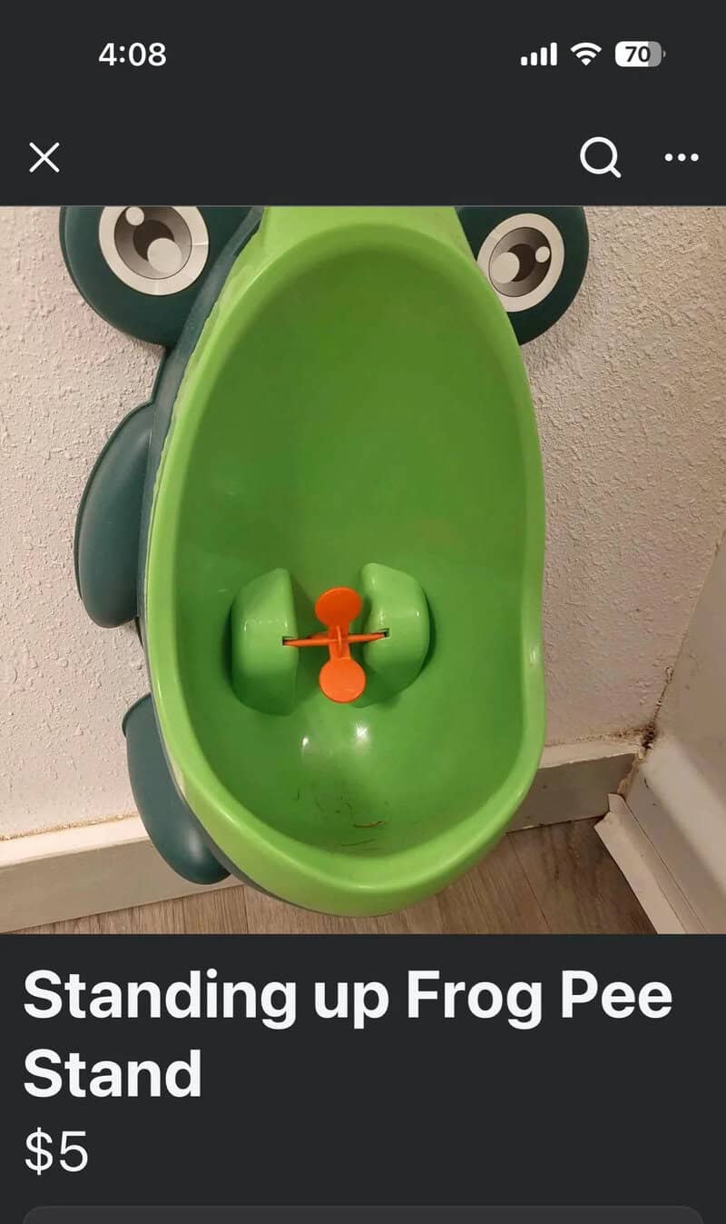 Green frog pee stand with orange nozzle, priced at $5.