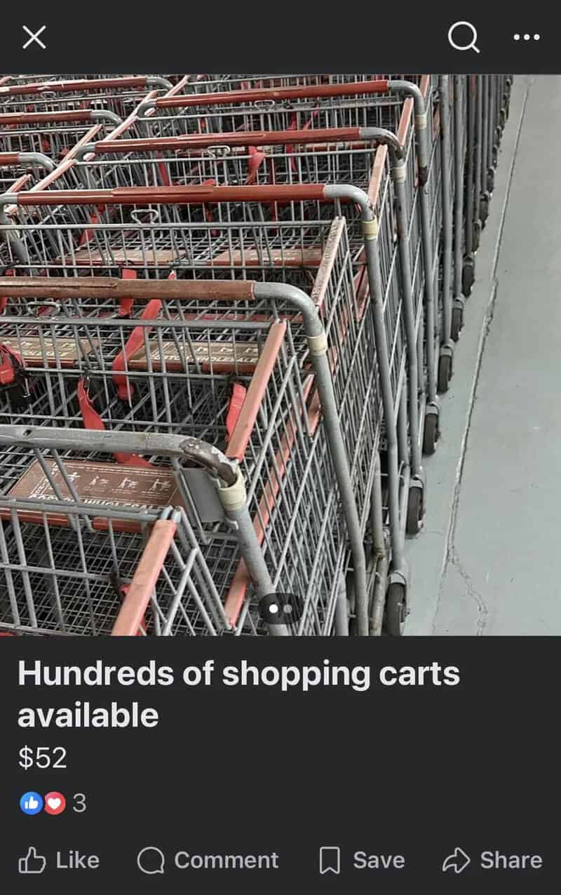 Row of shopping carts in a store, with a black overlay showing price and details.