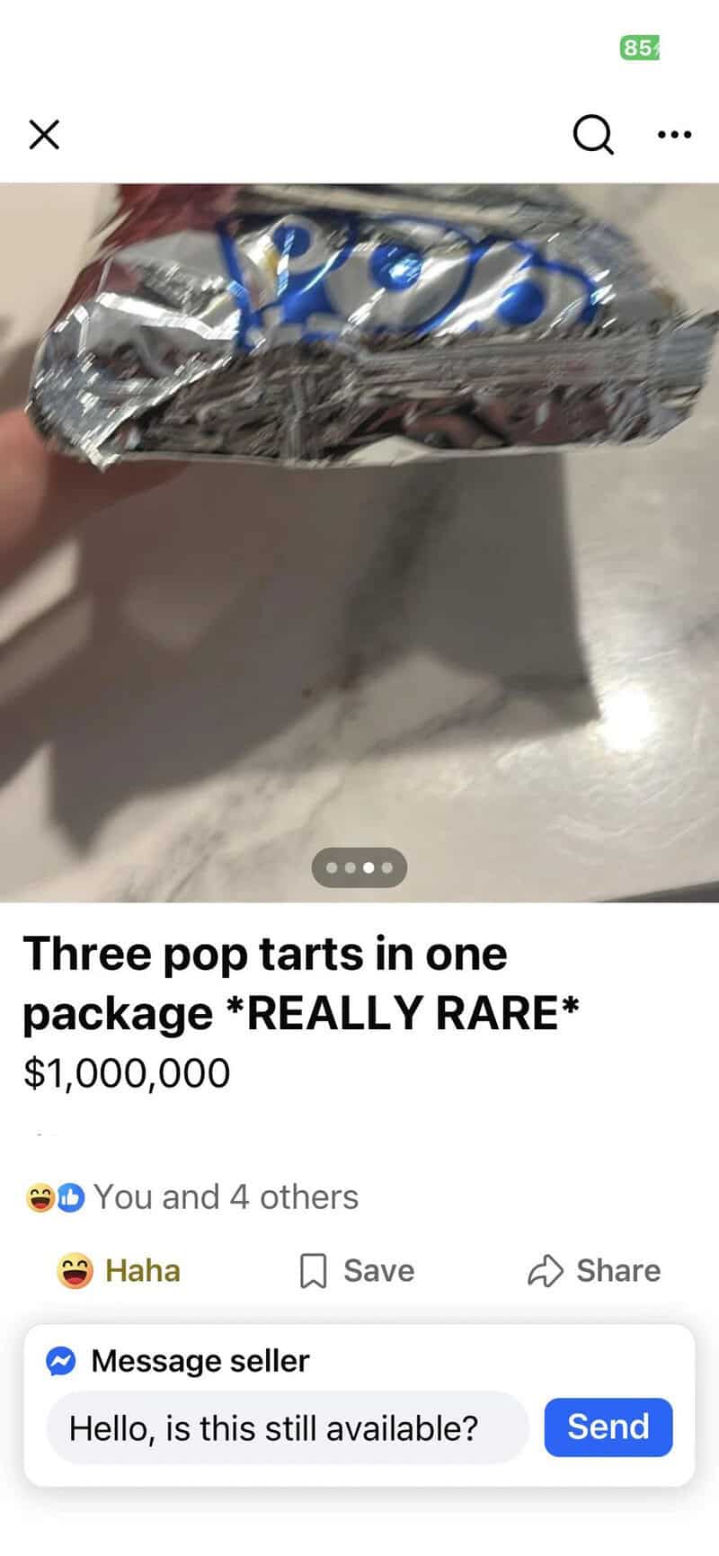 Three pop tarts in one package, very rare, priced at $1,000,000.