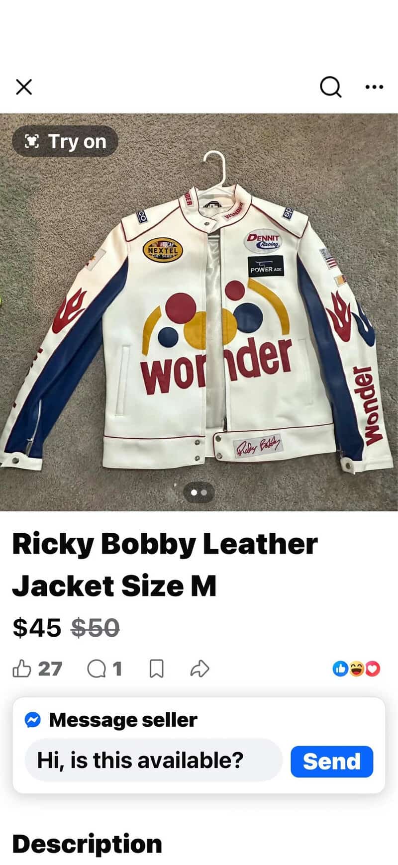 Ricky Bobby Leather Jacket Size M with Wonder logo and racing patches.