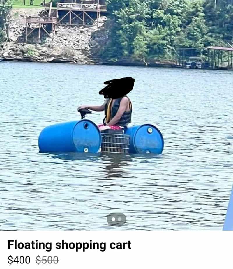 Person sitting on a floating shopping cart in a lake with trees and structures in the background.