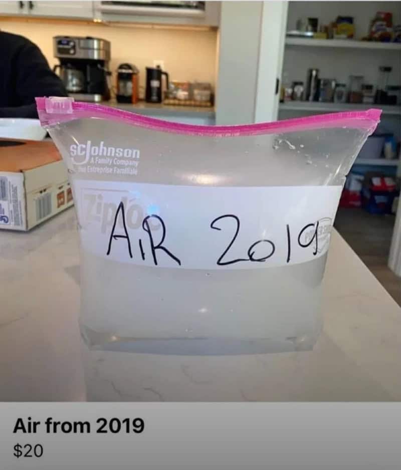 Clear plastic bag labeled 'AIR 2019' on a white surface.