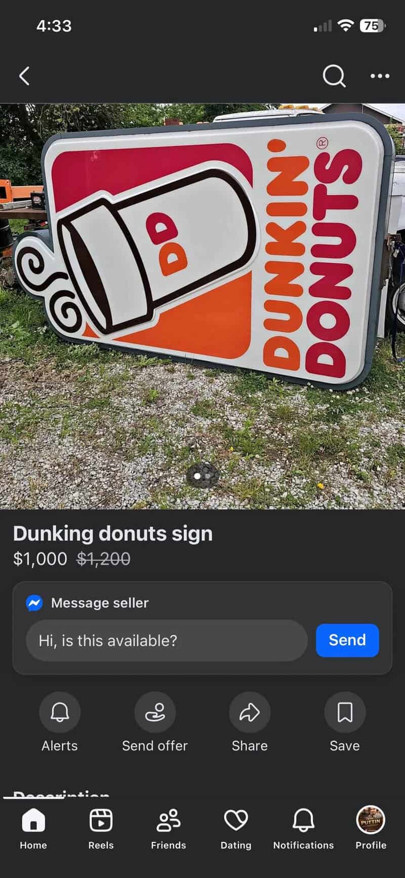 Dunkin Donuts sign with logo and text, placed outdoors on grass.