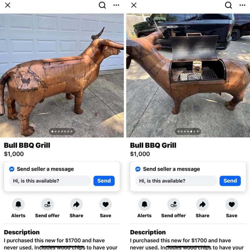 Wooden bull-shaped BBQ grill with a lid, priced at $1,000.