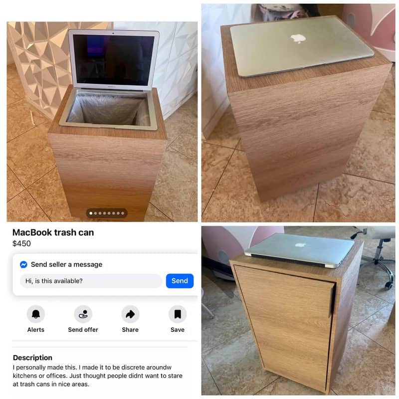 MacBook trash can with wooden exterior, shown from different angles.
