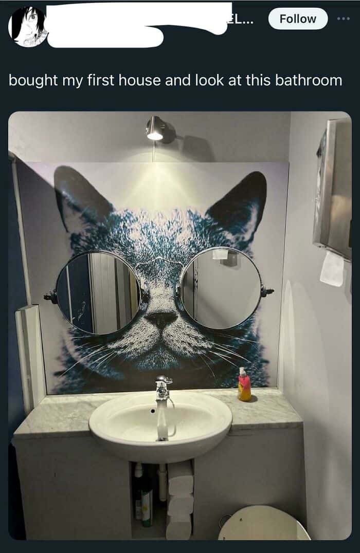 A woman bought her first house and decorated the bathroom with a large cat face mural.