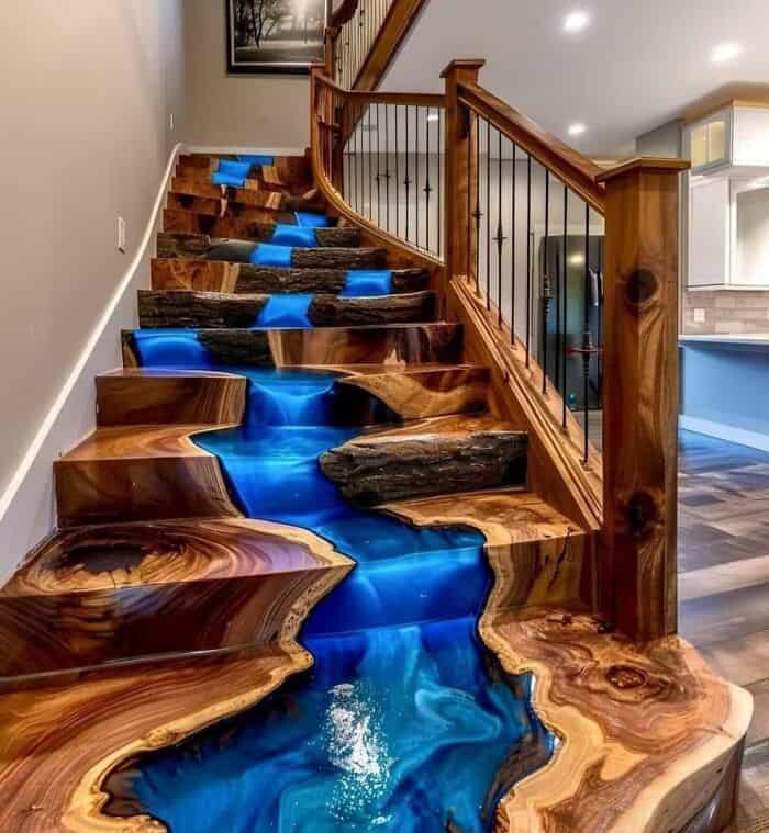Water flowing over wooden stairs with a river-like appearance, inside a home.