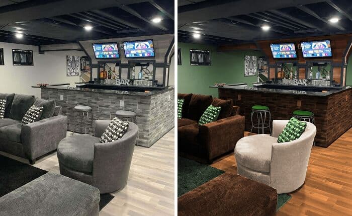 Enjoying a modern bar area with seating and multiple screens in a cozy setting.
