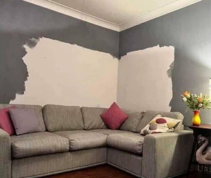Couch with pillows in a living room with painted wall behind it.