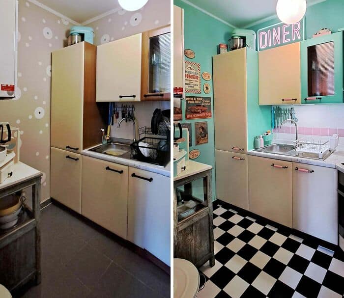Before and after kitchen makeover with colorful decor and checkered floor.