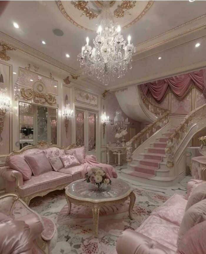 Elegant luxurious living room with pink and gold decor, chandelier, and ornate staircase.