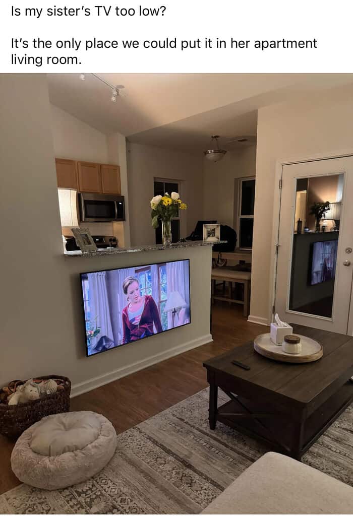 TV in sister's apartment living room with a woman on screen, cozy decor.