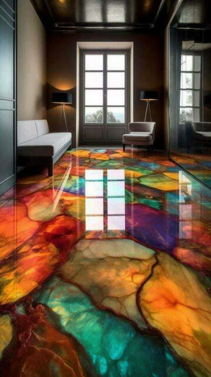 Vivid, colorful marble floor in a modern room with large window and minimal furniture.