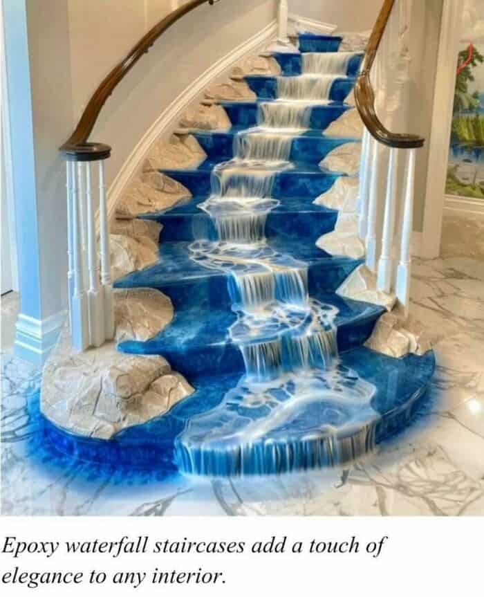 Epoxy waterfall staircase with flowing water design and elegant interior style.
