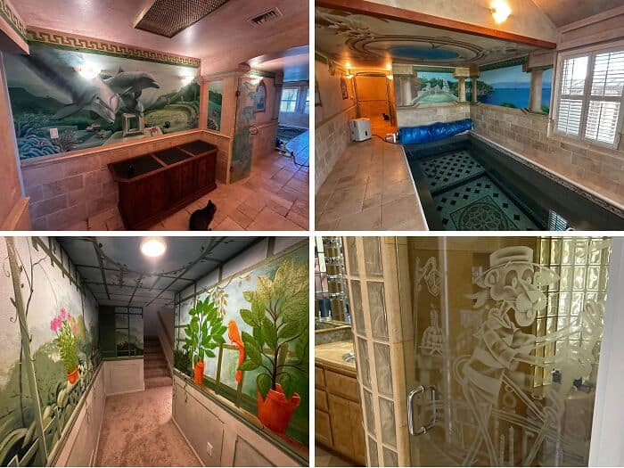 Indoor pool area with murals and decorative glass door, cozy and artistic setting.