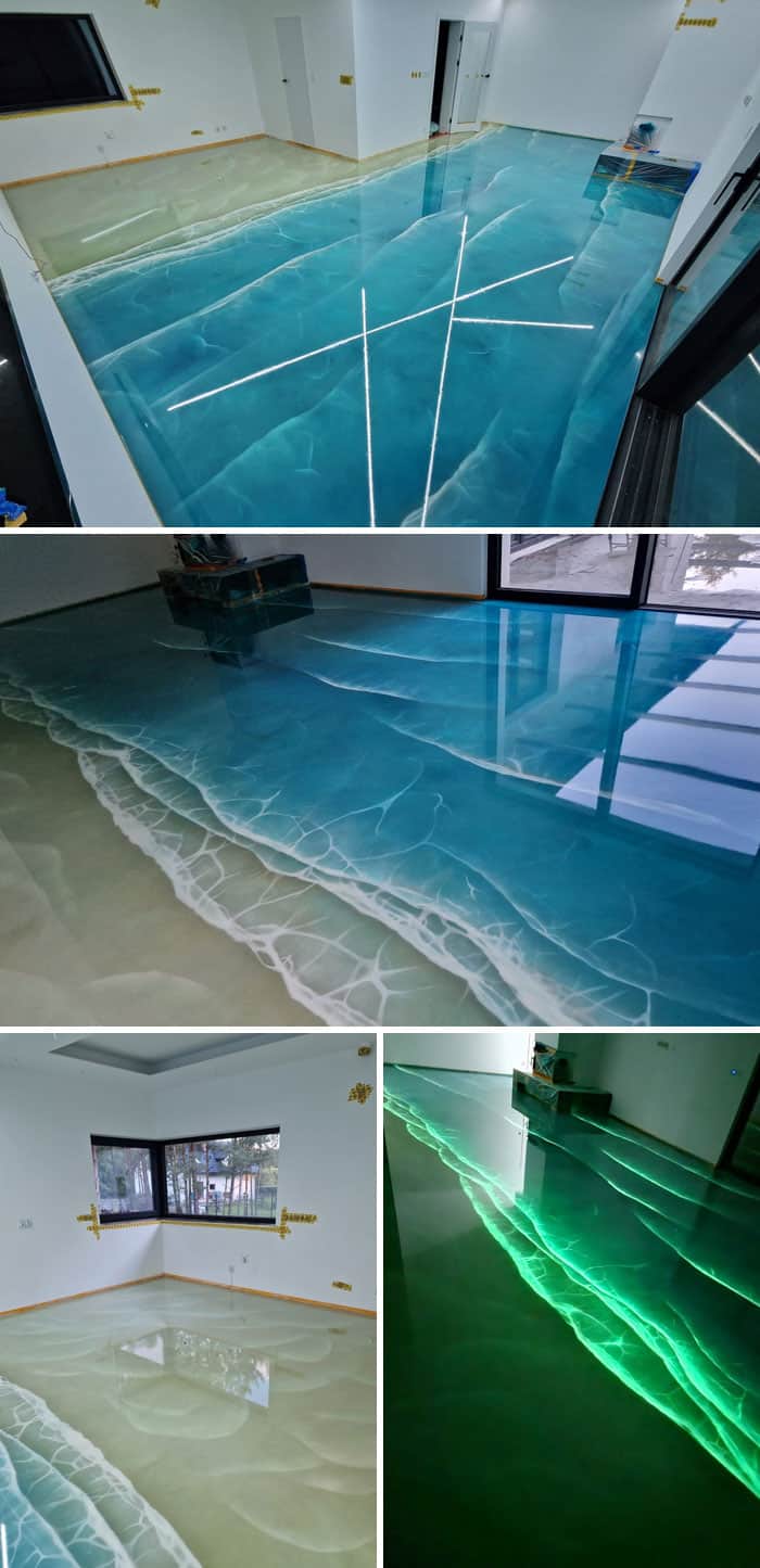 Pool with geometric white lines on the floor, in a modern indoor setting.