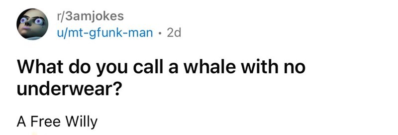 What do you call a whale with no underwear? A Free Willy.
