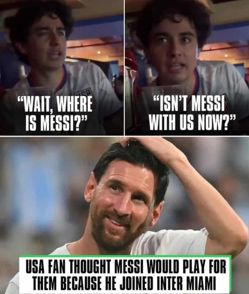Funny meme with a boy asking about Messi and Messi smiling.