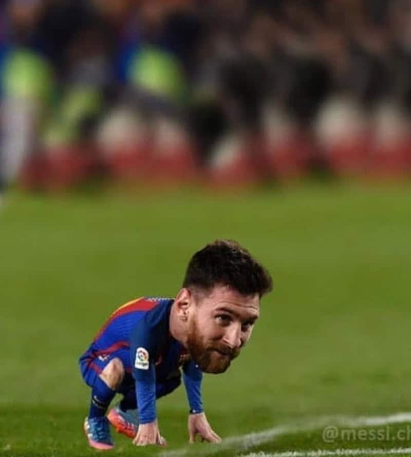 Humorous image of Lionel Messi with a tiny body on the soccer field.
