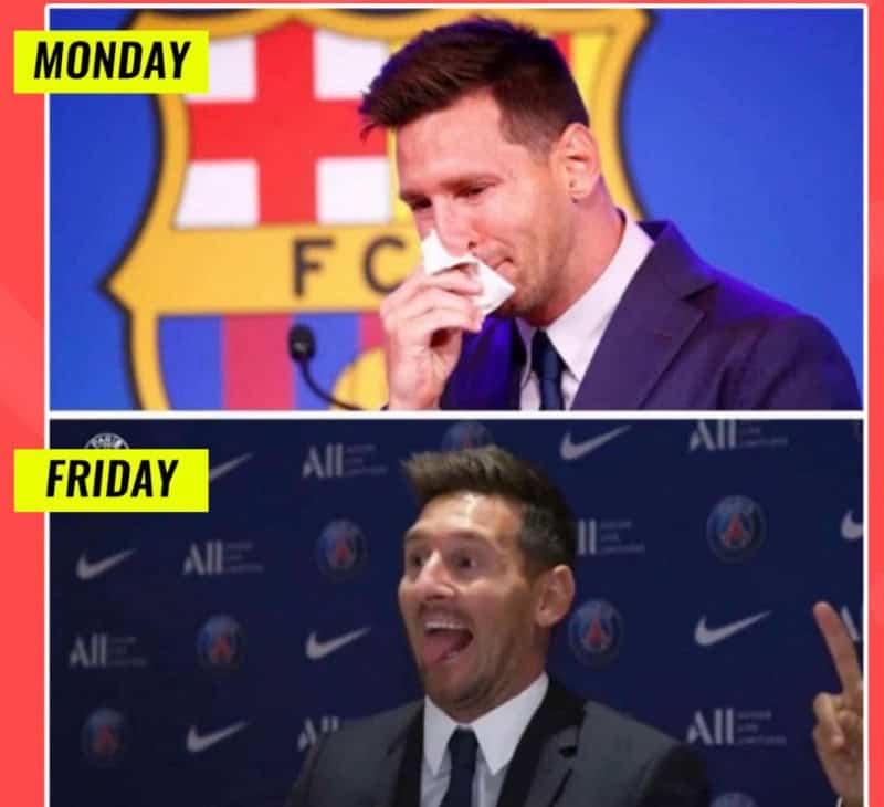 Comparison of Lionel Messi on Monday and Friday, showing different emotional expressions.
