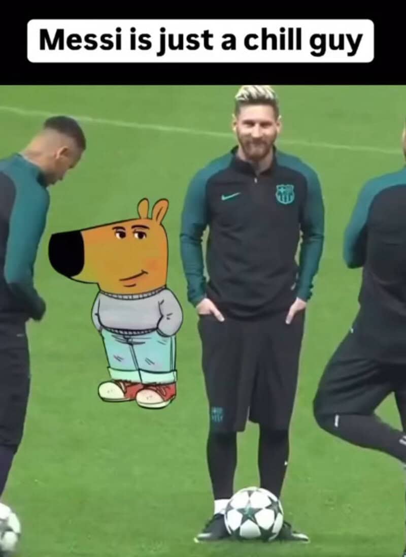 Messi is just a chill guy with cartoon character beside him on football field.