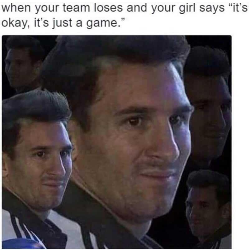 Multiple Lionel Messi faces with a humorous expression, meme style.