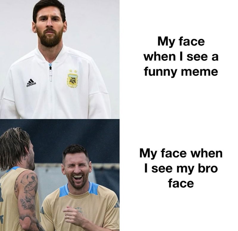 Funny meme with Messi and Messi's face, and a laughing man with a tattooed arm.
