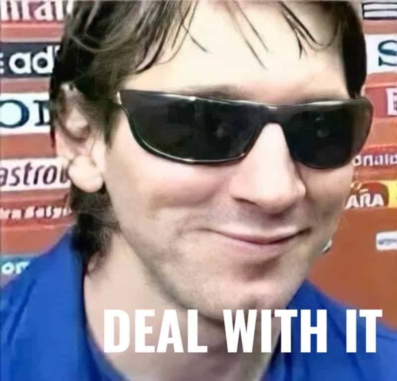 Close-up of a man with sunglasses and a smirk, with text 'DEAL WITH IT'.