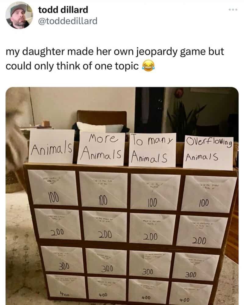 Child's Jeopardy game with categories about animals and numbers.