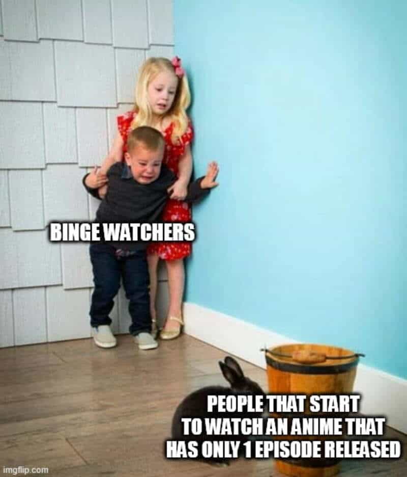 Two children watching a dog in a bucket with meme text about binge watchers and anime.
