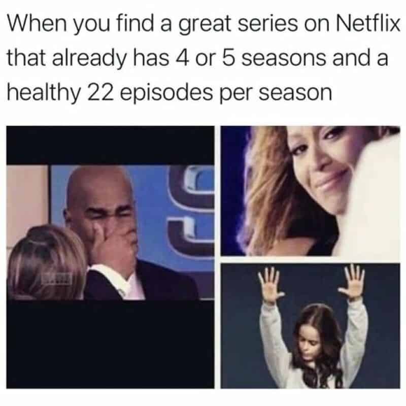 Memes about binge-watching series with 4-5 seasons and 22 episodes each.