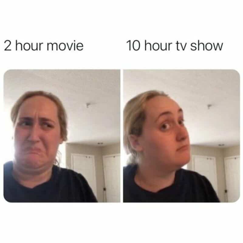 Comparison of a 2-hour movie and a 10-hour TV show with a woman making different faces.