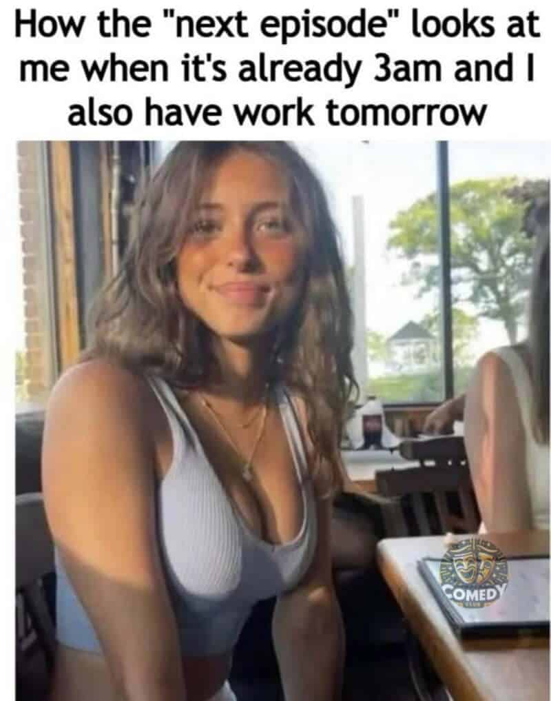Young woman smiling at a cafe with text about next episode and work at 3am.