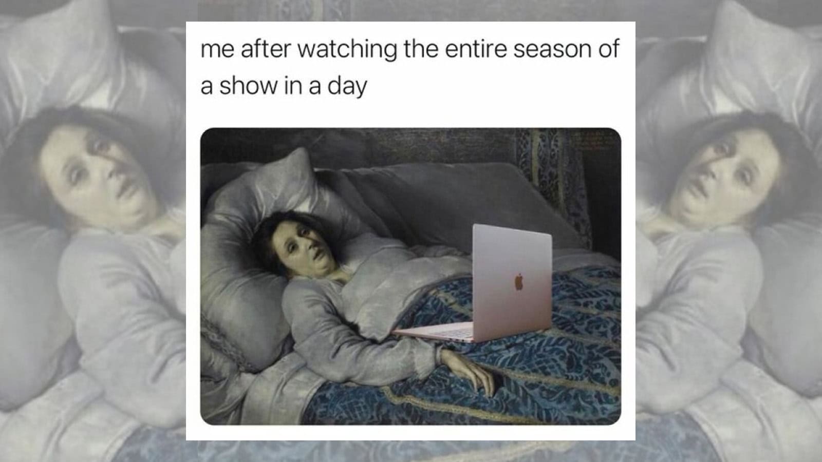 Person lying on bed with laptop, looking tired after binge-watching.